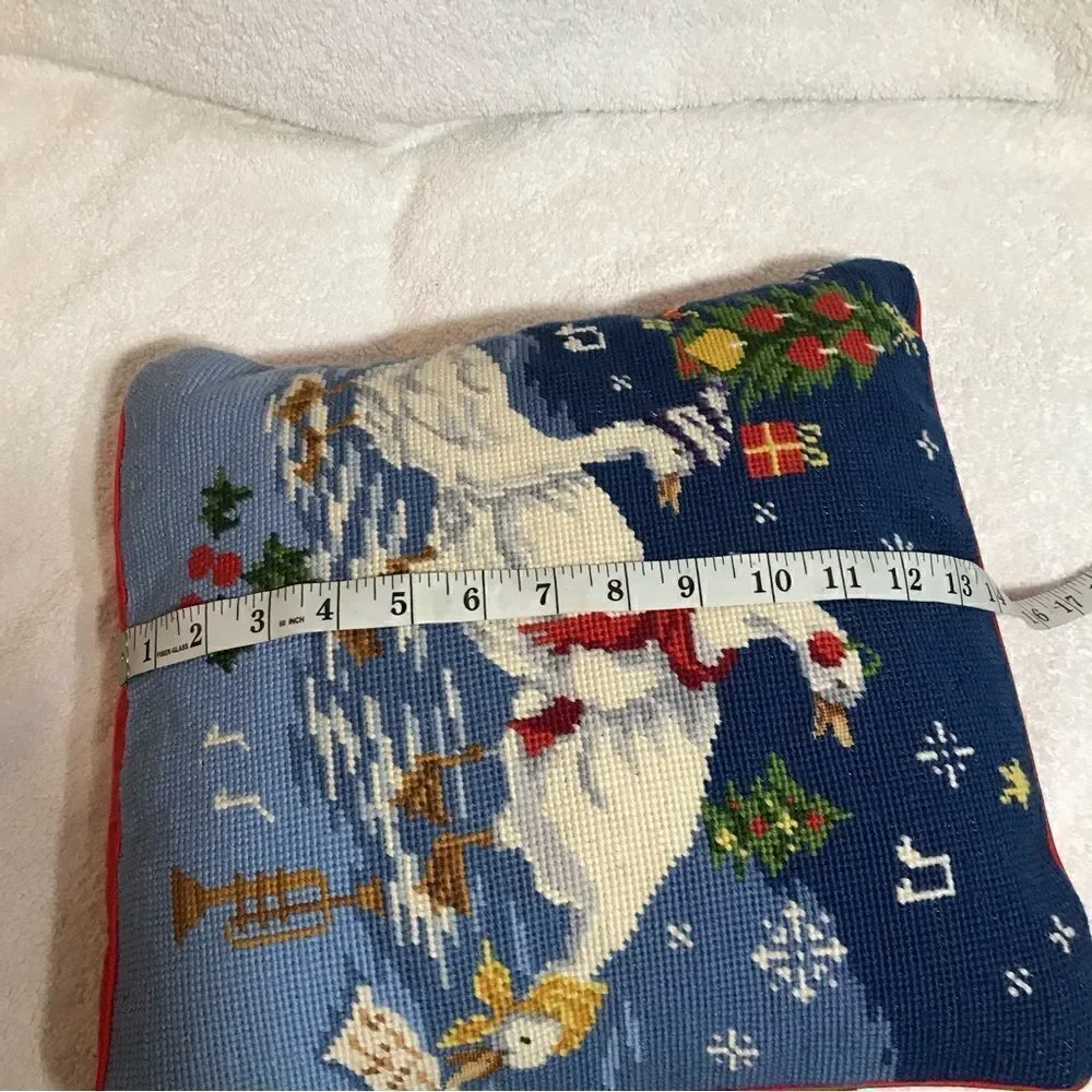Steinway Vtg Christmas Needlepoint Geese Throw Pillow